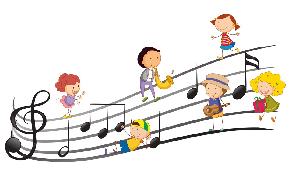 piirroskuva jossa lapsia soittaa nuottiviivastolla